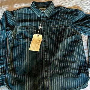Deep Teal Vintage Style Casual Button Down Shirt with Vertical Pinstripes